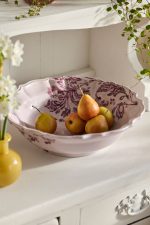 Large Botanical Silhouette Earthenware Serving Bowl – 13-Inch Hand-Painted Ceramic Floral Centerpiece Bowl