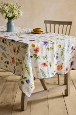 Floral Illustration Linen Tablecloth – Natural Linen Artistic Botanical Table Cover