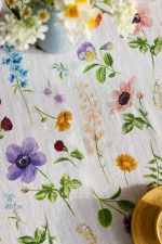 Floral Illustration Linen Tablecloth – Natural Linen Artistic Botanical Table Cover - Image 2