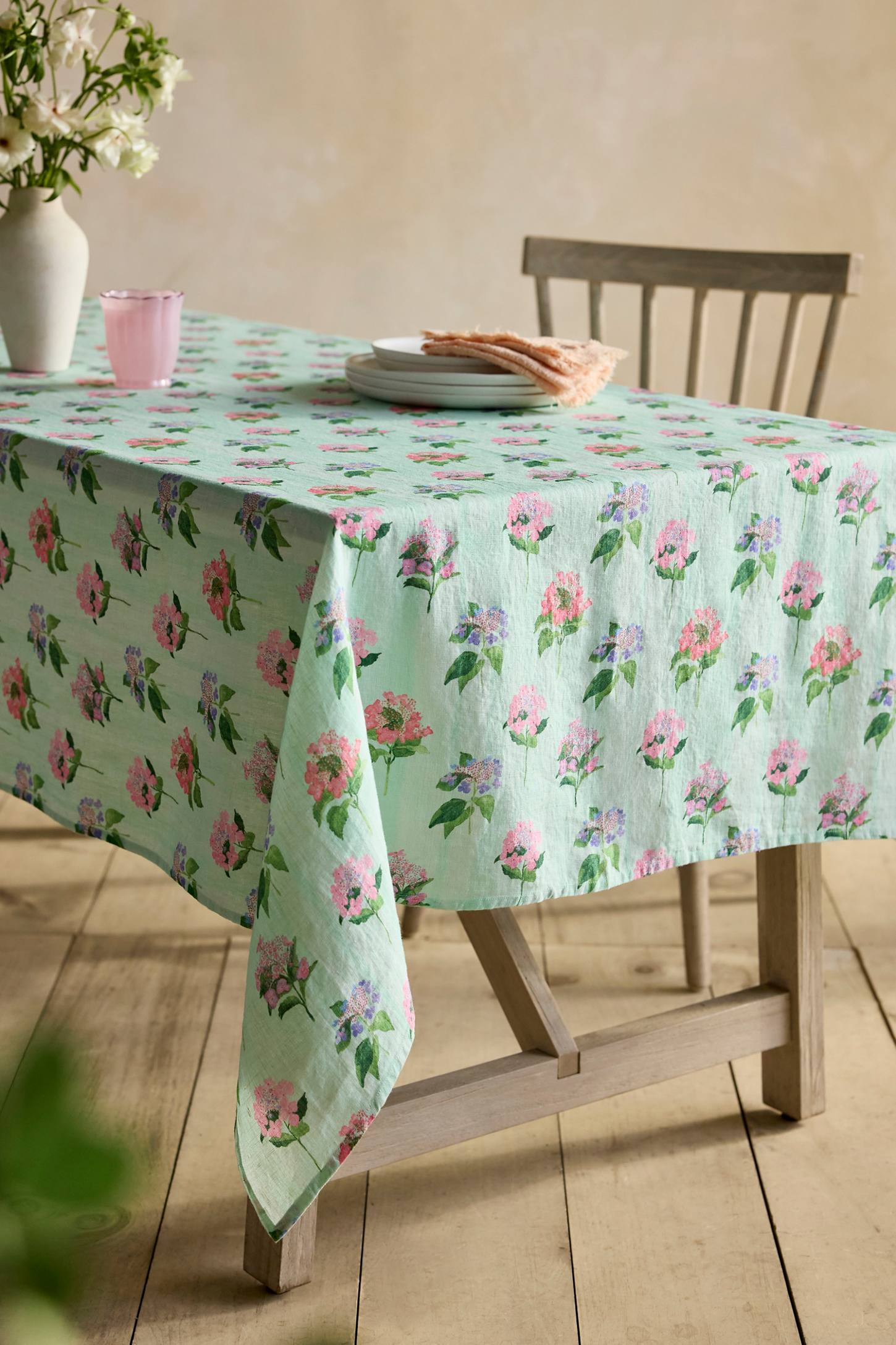 xenapaz-119.jpg Hydrangea Sage Linen Tablecloth – Natural Linen Botanical Print Table Cover - Image 1