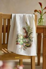 Spring Chipmunk Linen Dish Towel – Charming Hand-Drawn Floral Animal Tea Towel
