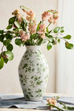 Large Green Chinoiserie Terracotta Vase – 16-Inch Hand-Painted Traditional Botanical Ceramic Vessel