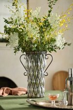 Double Handle Iron and Glass Vase – 15-Inch Hand-Crafted Industrial Tall Glass Floral Vessel
