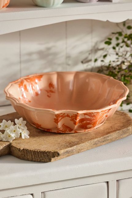 Large Botanical Silhouette Earthenware Serving Bowl – 12-Inch Hand-Painted Ceramic Floral Salad Bowl