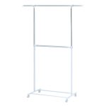 Mainstays Adjustable 2-Tier Rolling Clothes Rack with Locking Wheels, Steel, Silver/White - Image 2