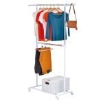 Mainstays Adjustable 2-Tier Rolling Clothes Rack with Locking Wheels, Steel, Silver/White - Image 7