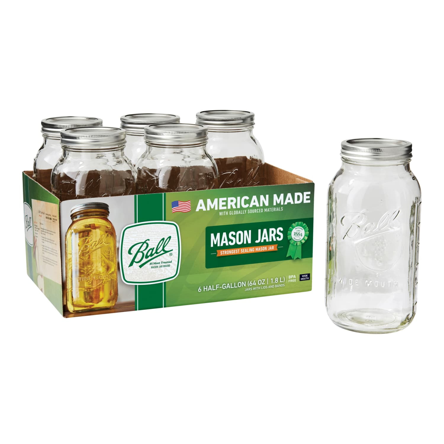 Ball-Glass-Mason-Jar-W-Lid-Band-Wide-Mouth-64-Ounces-6-Count_4dbc1fd2-fe14-4c3e-9242-d49d08f31b3b.28f71b29a1fbf0bf8cd8e0321e14154e.jpeg Ball Glass Mason Jar W/Lid & Band, Wide Mouth, 64 Ounces, 6 Count - Image 1