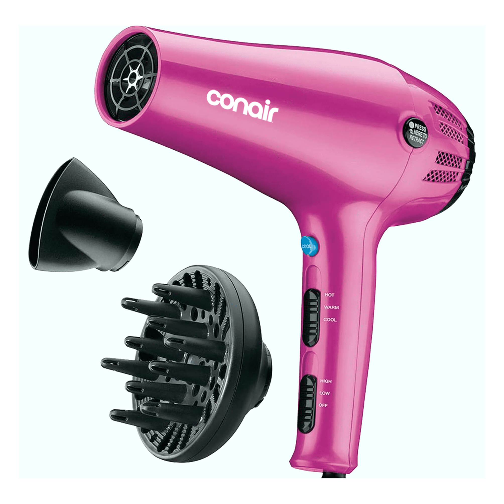 Conair-1875-Watt-Cord-Keeper-Hair-Dryer-with-Ionic-Conditioning-Pink_04c08d8f-f915-4cbf-859e-ecc3e4107519.8fae135e6e062c2ec9da291f387dab76.png Conair 1875W Cord Keeper Hair Dryer with Diffuser and Concentrator, Pink, 1 Count - Image 1