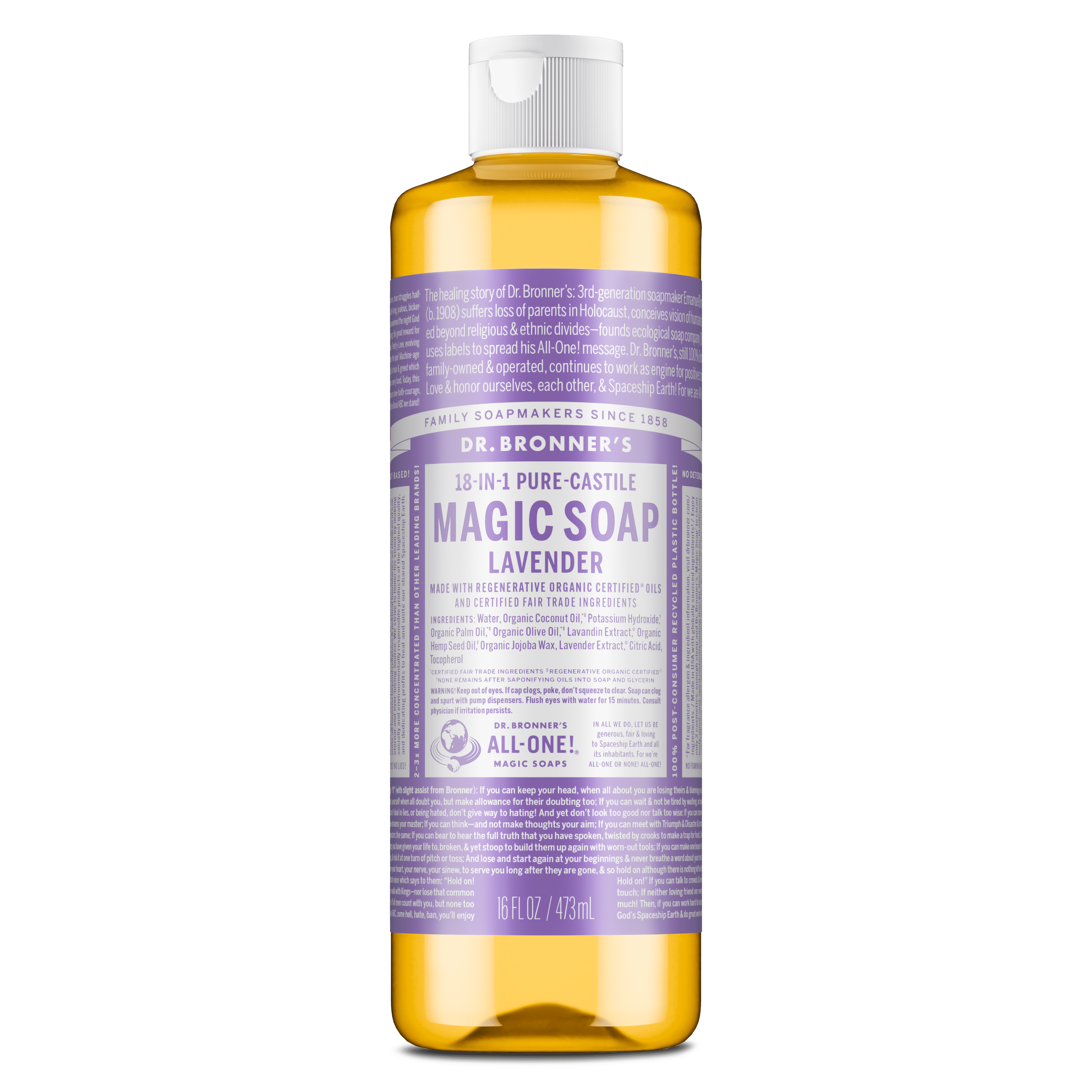 Dr-Bronner-s-Magic-Soap-Lavender-Pure-Castile-Liquid-Soap-16-oz-for-face-body-wash-hands_e78477ae-a451-400a-87ae-2513d35b0bc5.0a96954b8ec1ac938065af9b007ab357.png Dr.Bronner's Magic Soap, Lavender, Pure-Castile Body Wash Liquid Soap, 16 fl oz - Image 1
