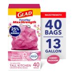 Glad ForceFlex MaxStrength 13-Gallon Pink Drawstring Tall Kitchen Trash Bags, Febreze Freshness Cherry Blossom Scent, 40 Bags