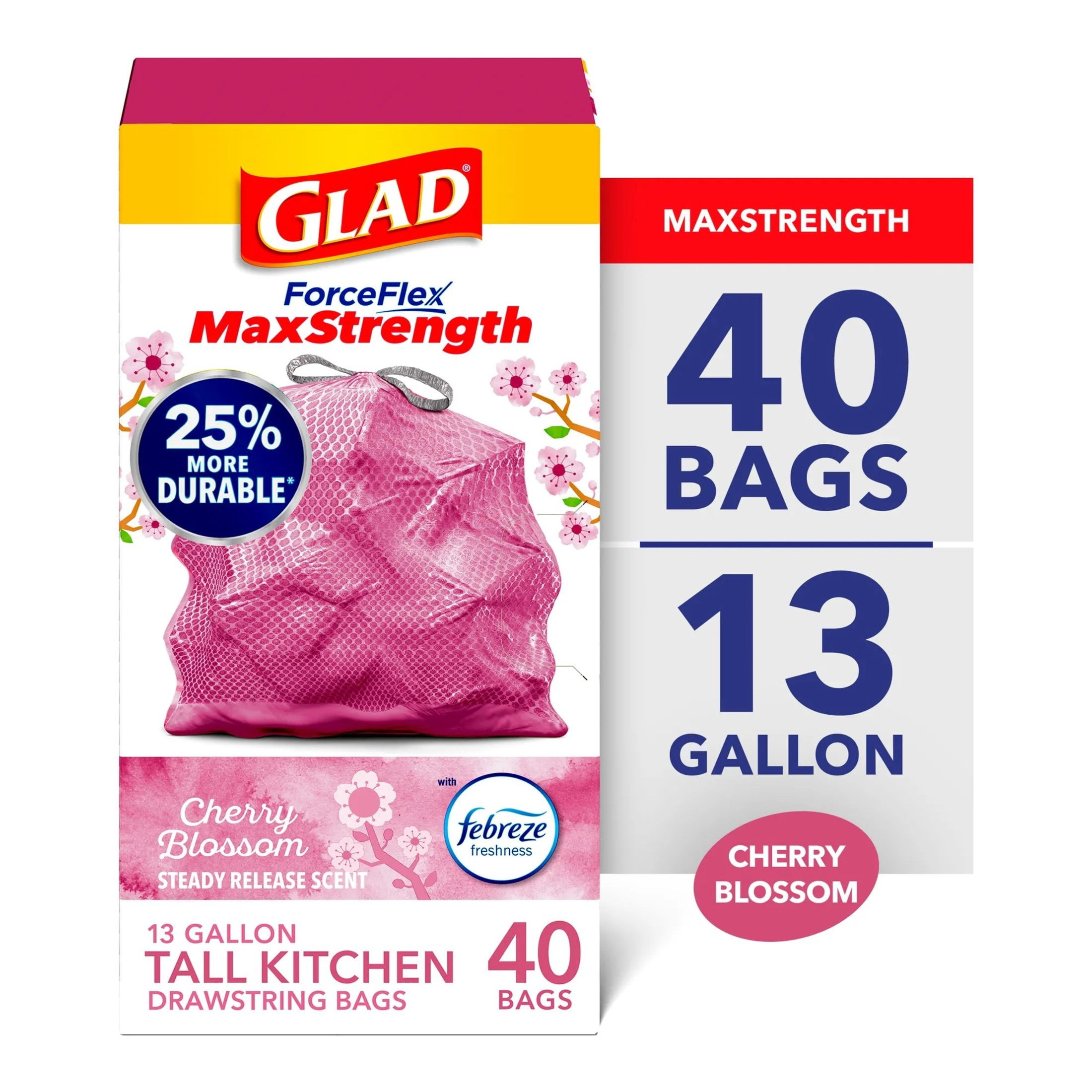 Glad-ForceFlex-MaxStrength-13-Gallon-Tall-Kitchen-Drawstring-Trash-Bags-Cherry-Blossom-40-Bags_4437f755-7507-45fe-8a74-aea07f7306cf.418e1729102c49fdebc7021517075f1e.jpeg Glad ForceFlex MaxStrength 13-Gallon Pink Drawstring Tall Kitchen Trash Bags, Febreze Freshness Cherry Blossom Scent, 40 Bags - Image 1