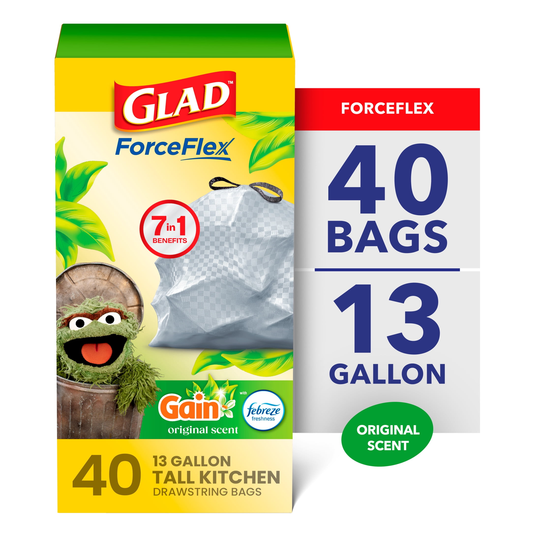 Glad-ForceFlex-Tall-Kitchen-Drawstring-Trash-Bags-13-Gallon-Gain-Original-with-Febreze-Freshness-40-Count_af4eab1e-e8db-4e1d-80e7-e23da0a9ddc7.4efc58ca25abe799f03de80c14bac9b1.jpeg Glad ForceFlex 13-Gallon Drawstring Tall Kitchen Trash Bags, Gain Original Scent, 40 Bags - Image 1