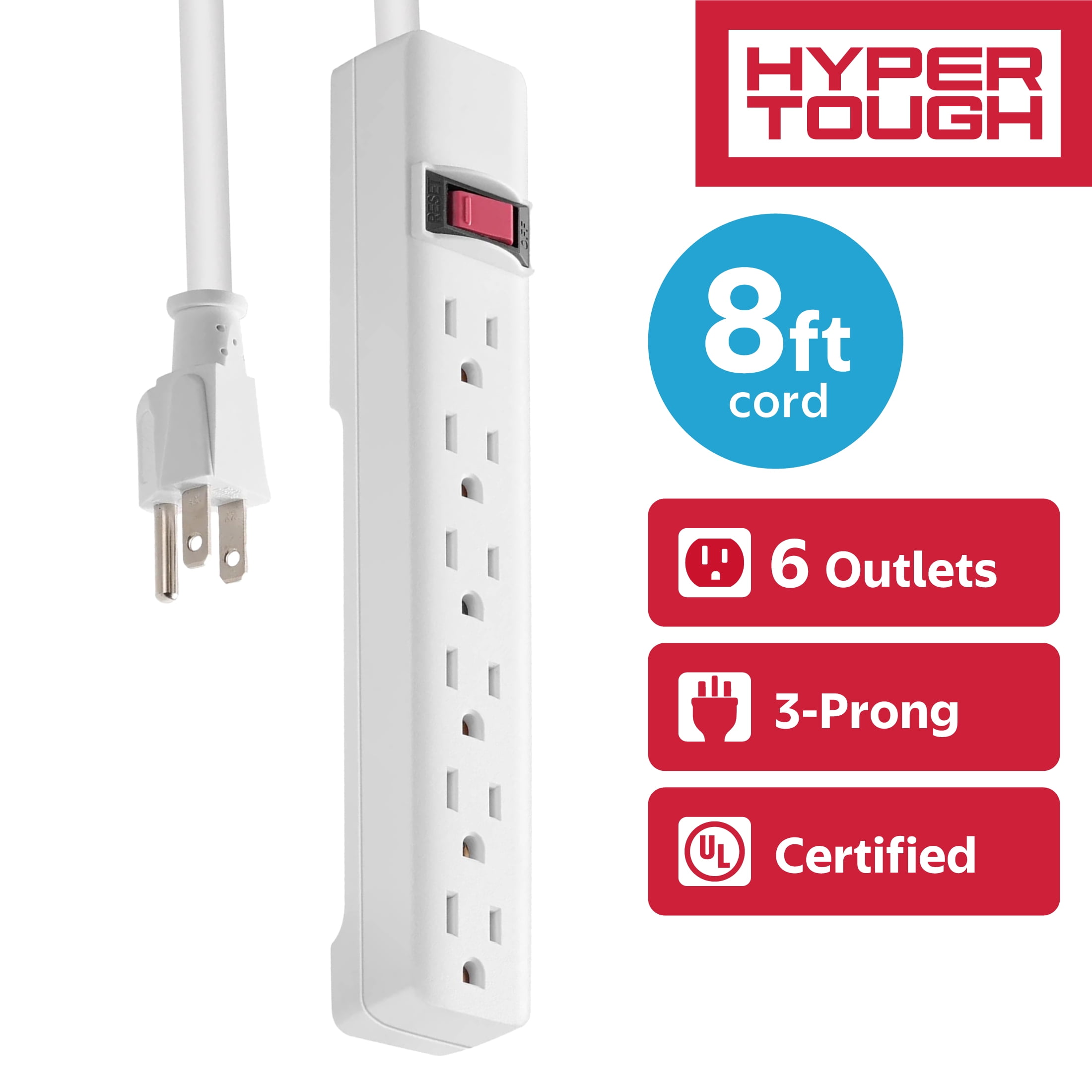 Hyper-Tough-Indoor-6-Outlet-Power-Strip-with-8ft-Cord-15A-White_030eac6d-646f-4d56-8491-36dd53bcb4f5.9a648243c147acf025355e17fd6153df.jpeg Hyper Tough 6-Outlet Indoor Power Strip with 8 ft Extension Cord, ETL Certified, White - Image 1