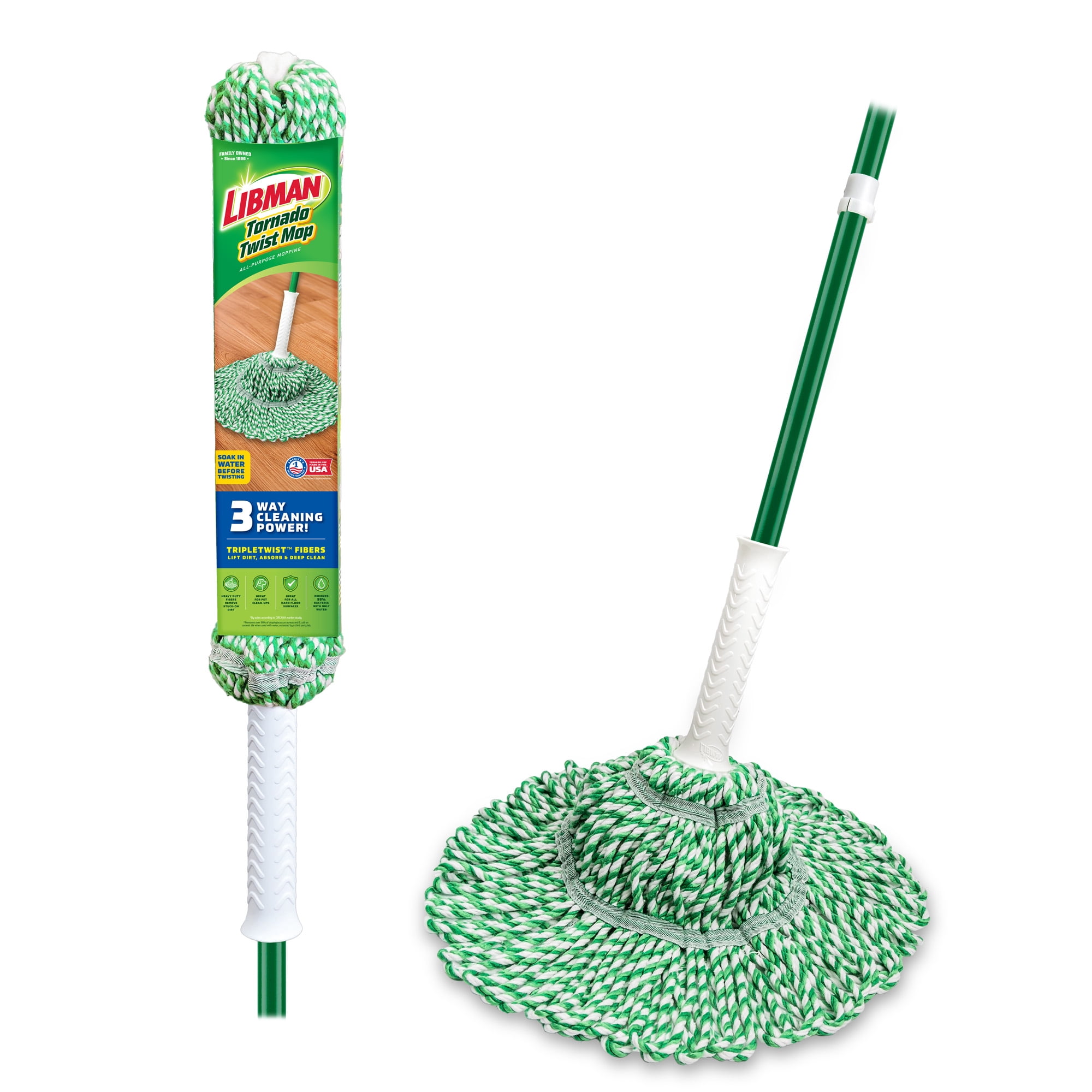 Libman-Tornado-Mop-Cotton-Blend-Twist-Mop_a67c9d83-d55f-490f-b137-a8b93d0e5a7a.b50be130c53fc5ef7fd859228446b2c6.jpeg Libman Tornado Twist Mop with Cotton Blend Head and Steel Handle, Green and White, 55.5 inch - Image 1