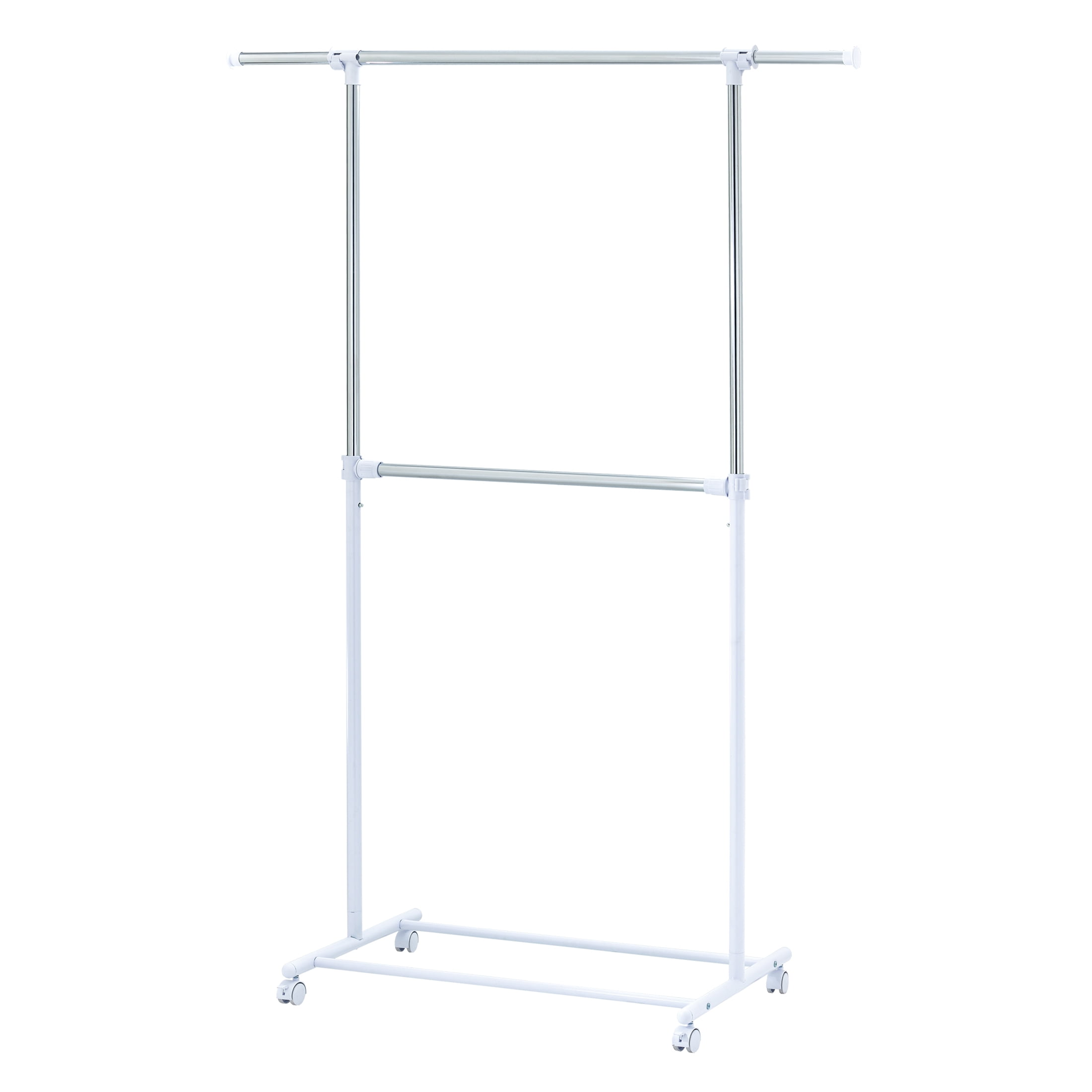 Mainstays-2-Tier-Adjustable-Chrome-Garment-Rack-with-Silver-Metal-and-White-Rod_9c01d812-2fe7-485f-8121-292993111d29.5aaedaf03abacaf809f78d4dbd4e46f0.jpeg Mainstays Adjustable 2-Tier Rolling Clothes Rack with Locking Wheels, Steel, Silver/White - Image 1