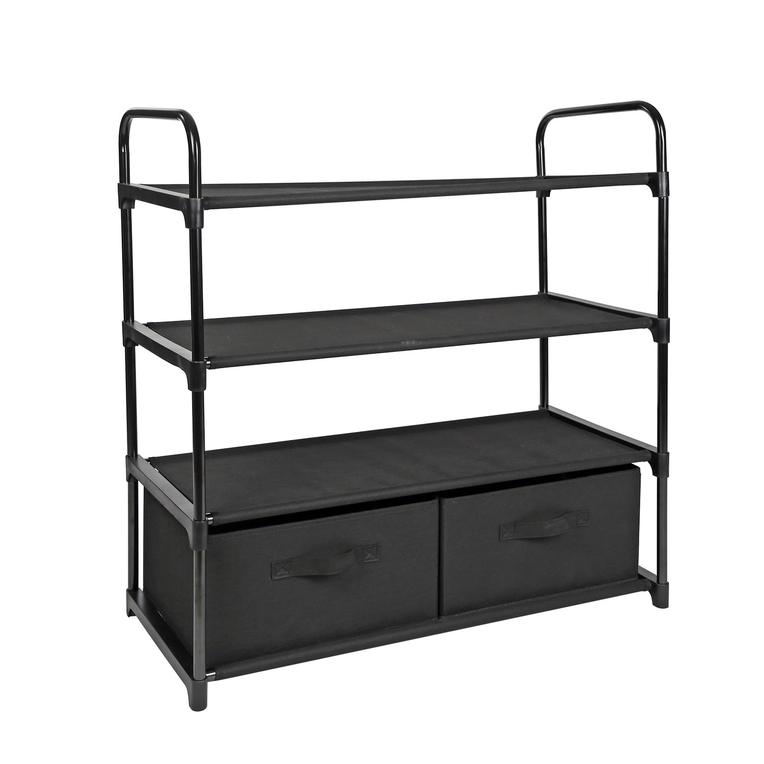 Mainstays-4-Shelf-Closet-Organizer-with-2-Bins-Black-Metal-Frame-Adult-and-Child_a64f9bc4-c4d3-457b-82bd-fec2f4cb2042.3ada54253bdf9a804e826b2549fe003e.jpeg Mainstays 4-Shelf Closet Organizer with 2 Fabric Bins, Black, Metal Frame - Image 1