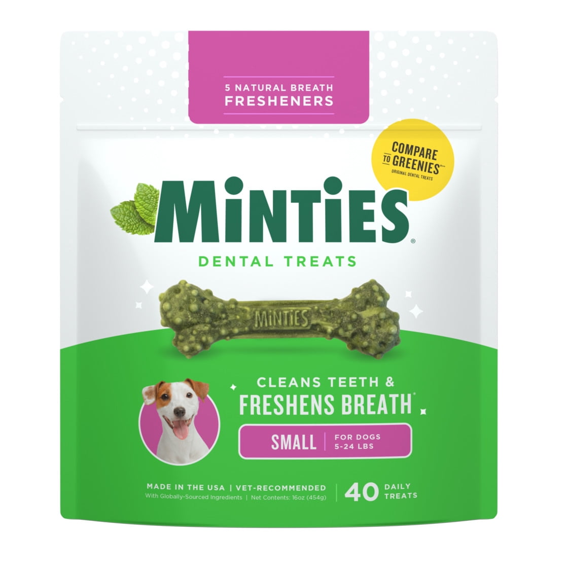 Minties-Dental-Bone-Treats-Chews-for-Tiny-Small-Dogs-5-39-lbs-40-Count-16-oz-Shelf-Stable_b927e9a3-52cb-4cbe-b482-45972cbe4e88.7ff422d45e56931eebf037a70b684517.jpeg MINTIES Dog Dental Bone Treats, Dental Chews for Tiny & Small Dogs, 40 Count, Shelf-Stable - Image 1