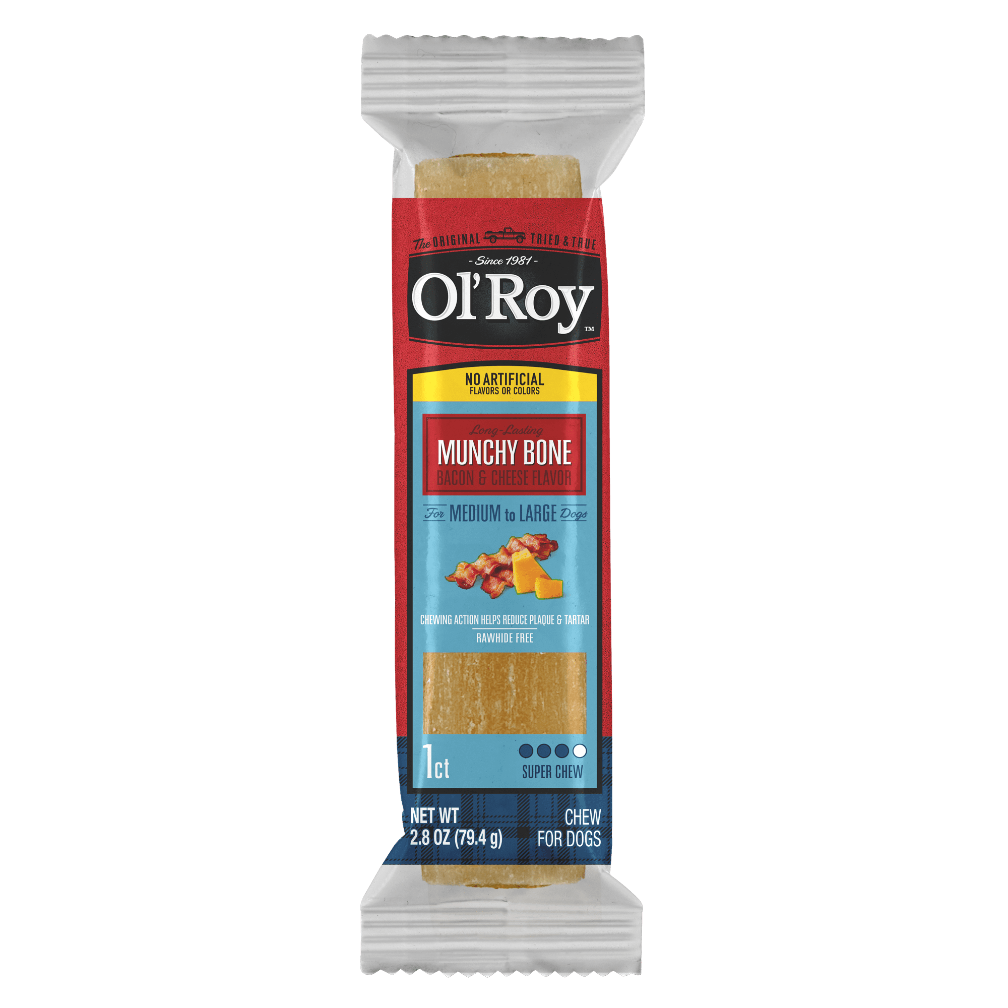 Ol-Roy-Munchy-Bone-Dog-Treats-Bacon-and-Cheese-2-8-oz-1-Count_a8c58c9e-e736-4ab3-8048-36bc91b93927.0d9c08ffd11899af71ed85bce6795b2f.png Ol' Roy Munchy Bone Dog Treats, Bacon and Cheese, 2.8 oz, 1 Count - Image 1
