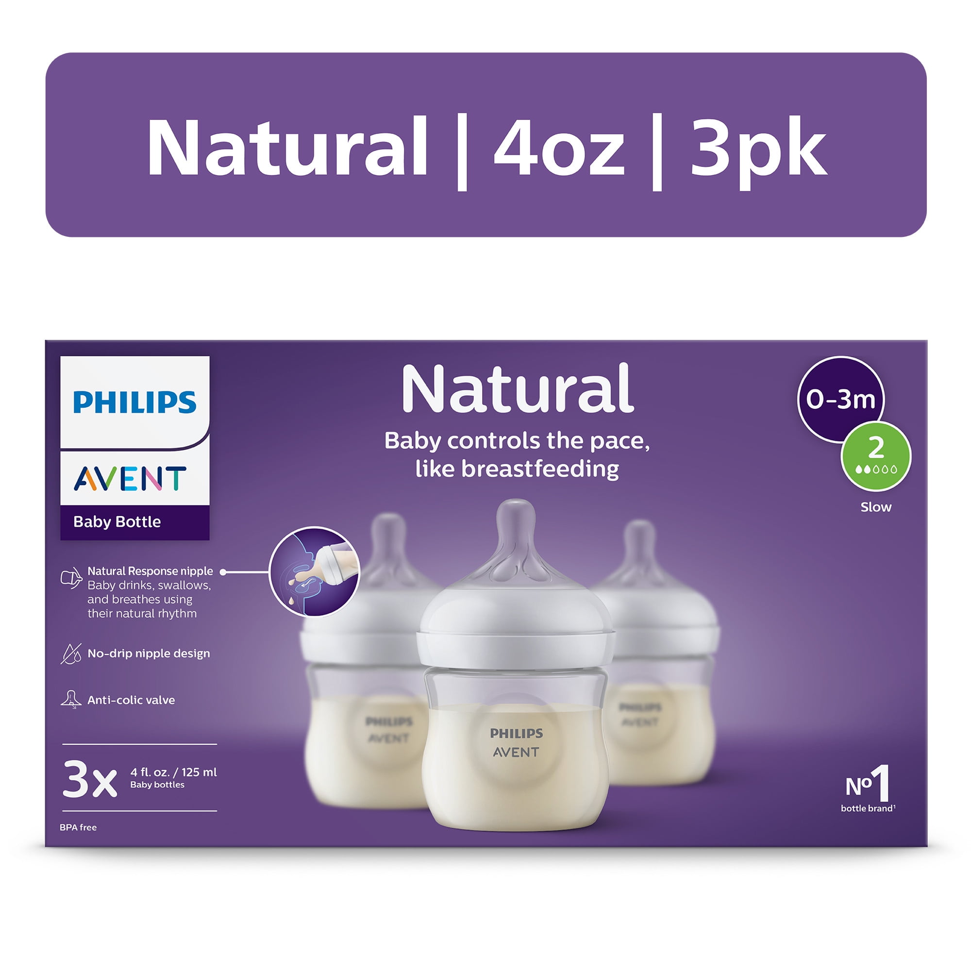 Philips-Avent-Natural-Baby-Bottle-with-Natural-Response-Nipple-Clear-4oz-3pk-SCY900-93_d2b3d3e5-818b-4a8d-8424-3752b0e9db73.de2f5930e4be1ab7f65075a7b42837dc.jpeg Philips Avent Natural Baby Bottle with Natural Response Nipple (Slow Flow, Flow 2), 4oz, 3-Pack, SCY900/93 - Image 1