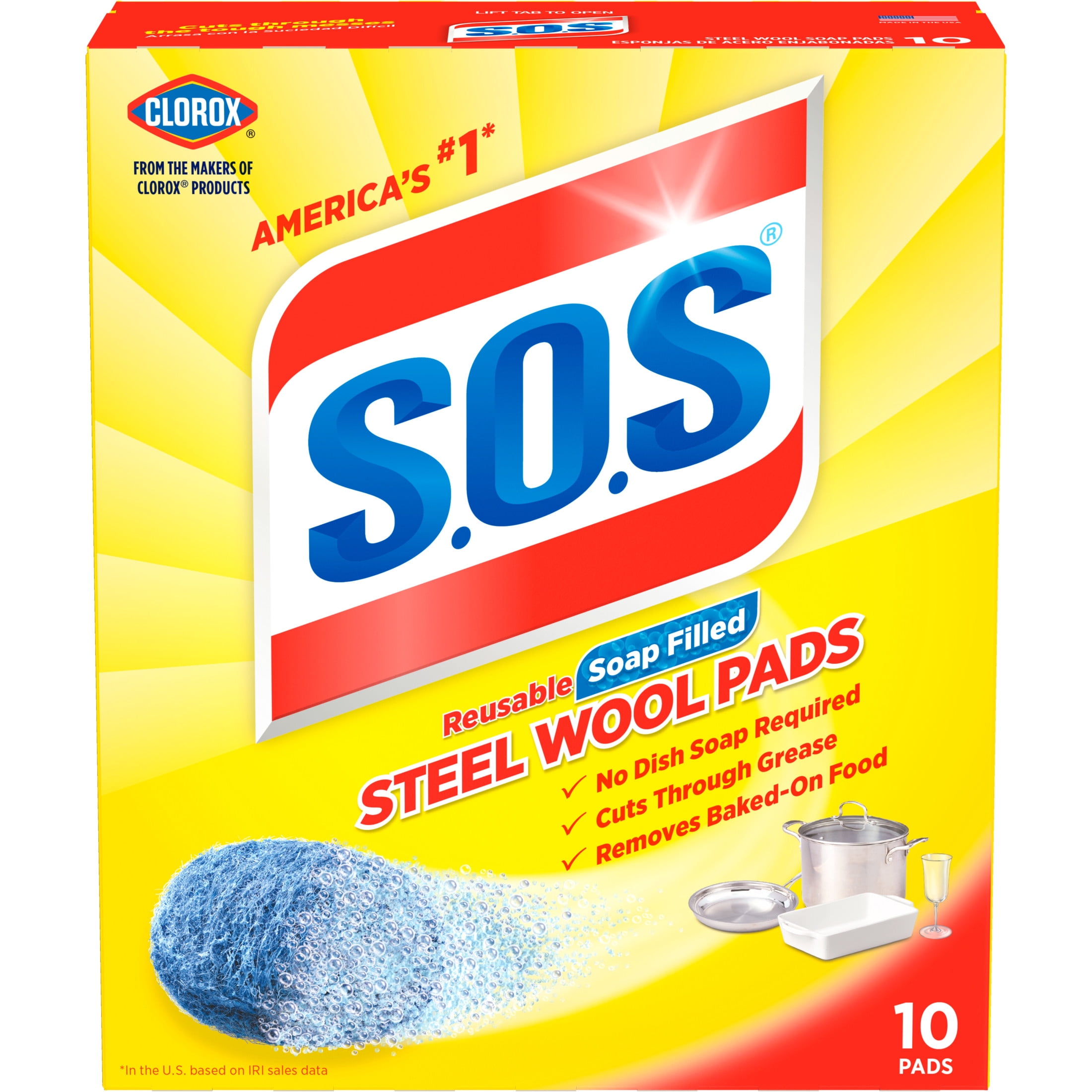 S-O-S-Steel-Wool-Dish-Scrubber-Pads-10-Pack_82722217-4bfc-4a58-acbd-930ac0fec9d3.68a4030f91d73d4d844582c3f5297b74.jpeg S.O.S Steel Wool Dish Scrubber Pads, 10 Pack - Image 1