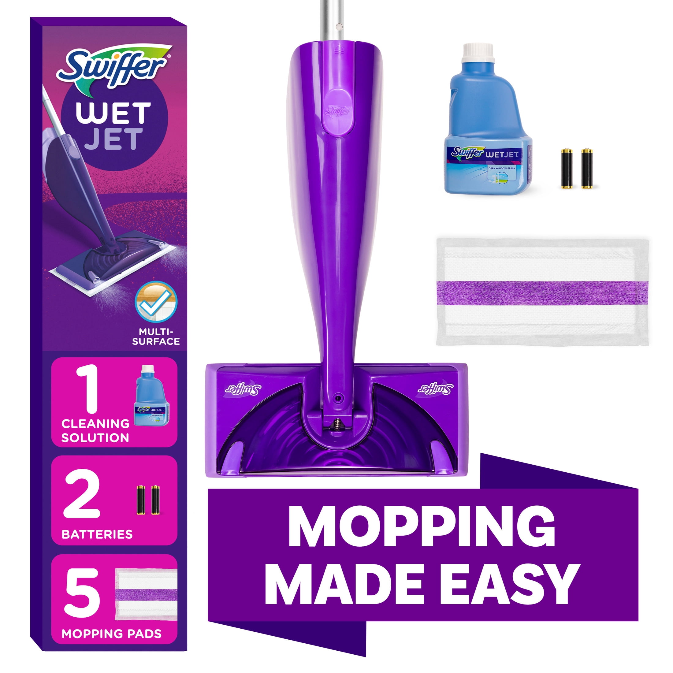Swiffer-Wet-Jet-Mop-Floor-Cleaner-for-Mopping-Wood-Laminate-Tile-Cleaning-Set-Fresh-Scent_bae8663d-c6f5-49f2-87c9-cd8a69e35634.3df6ddf54b331e9b9c8936a3332a535b.jpeg Swiffer Wet Jet with Refill, Unscented, 1 Handle + 1 Solution & 5 Pads (Battery Included) - Image 1