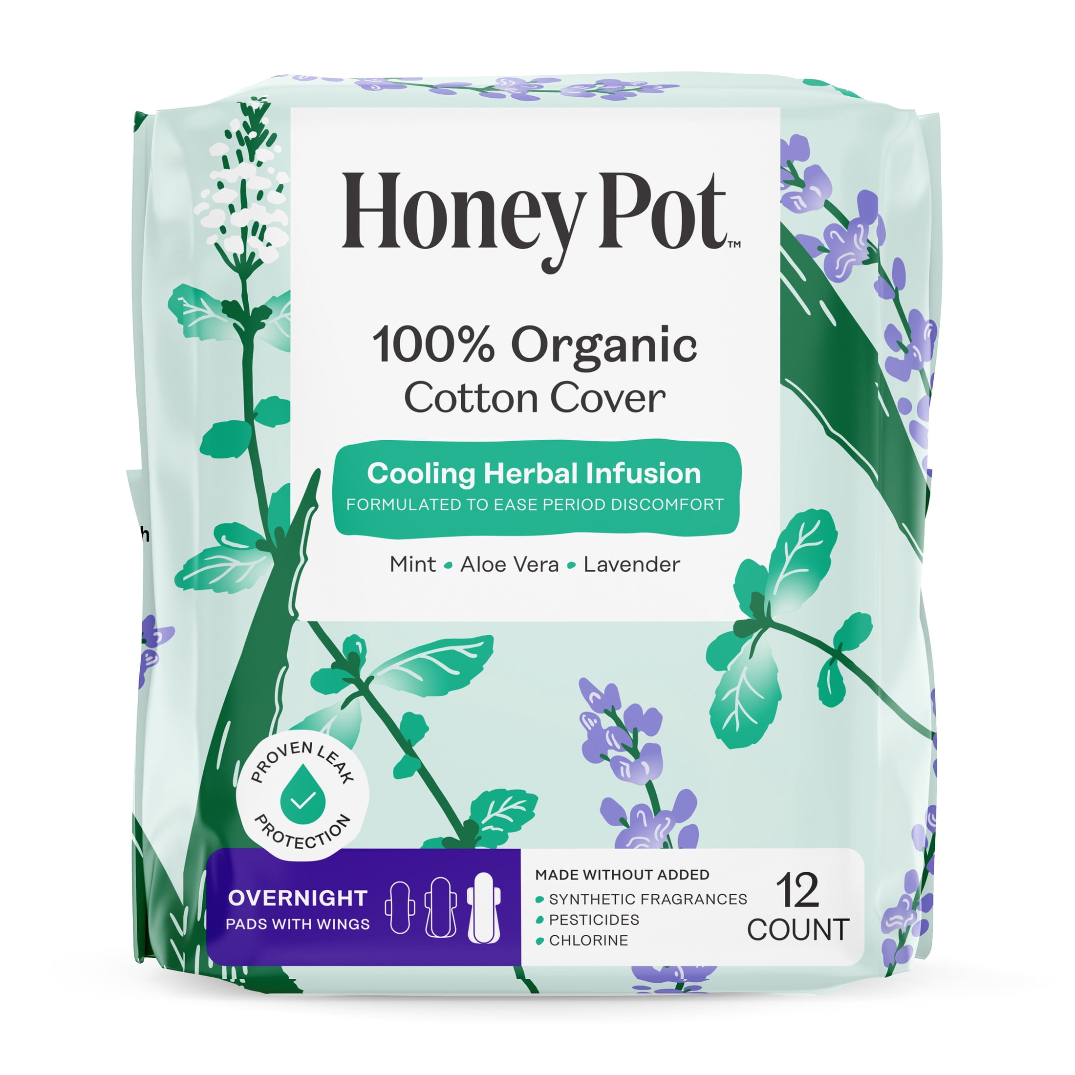 The-Honey-Pot-Company-Herbal-Overnight-Pads-with-Wings-Organic-Cotton-Cover-12-ct_4139d1ed-a31b-40d2-aff0-40073982a758.14a97733f20a932597d22086ad2f77f8.jpeg Honey Pot 100% Organic Cotton Cover Cooling Herbal Infusion Overnight Pads, 12 Count - Image 1