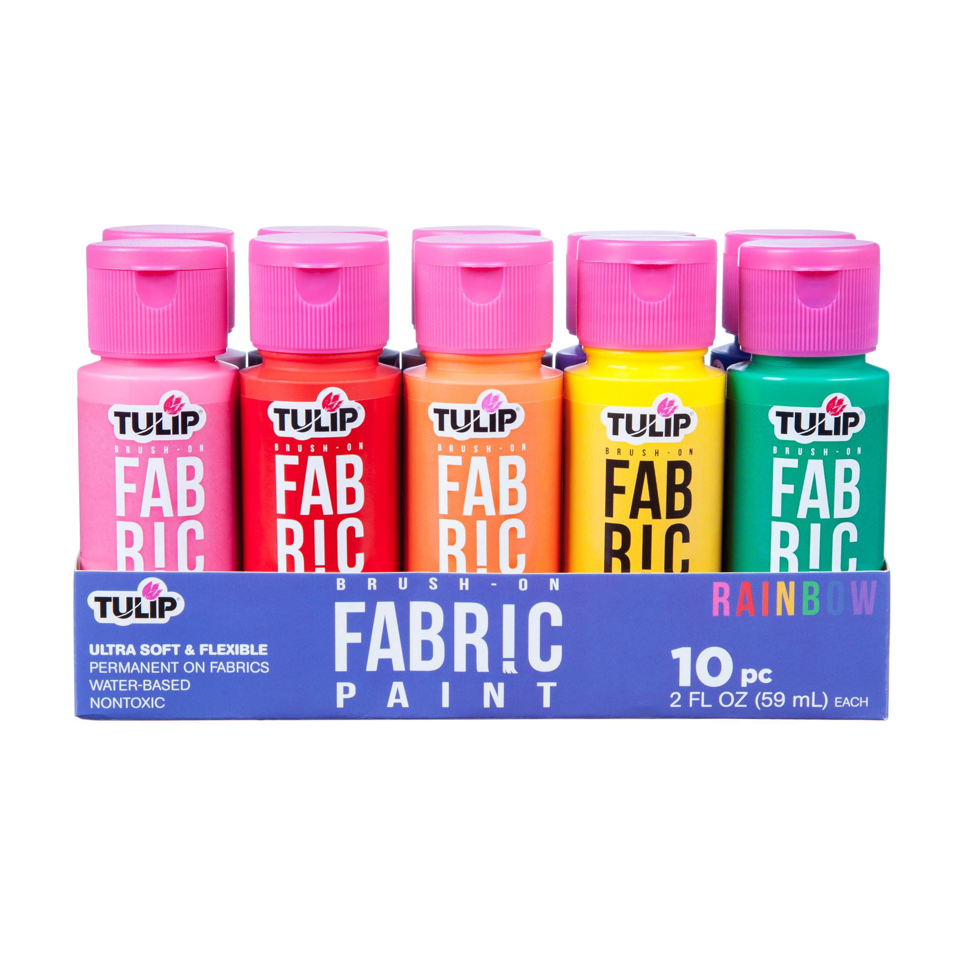 Tulip-Brush-on-Fabric-Paint-10-Pack-of-2-fl-oz-Bottles-Liquid-Rainbow_3e6f116a-95cf-4811-bccf-86744ac8e27a.4f4e72124c1b5f12aad4905f546b43c7.jpeg Tulip Brush-On Fabric Paint Set – 10 Pack of 2 fl oz Bottles, Liquid Rainbow Colors for DIY Crafts & Clothing - Image 1