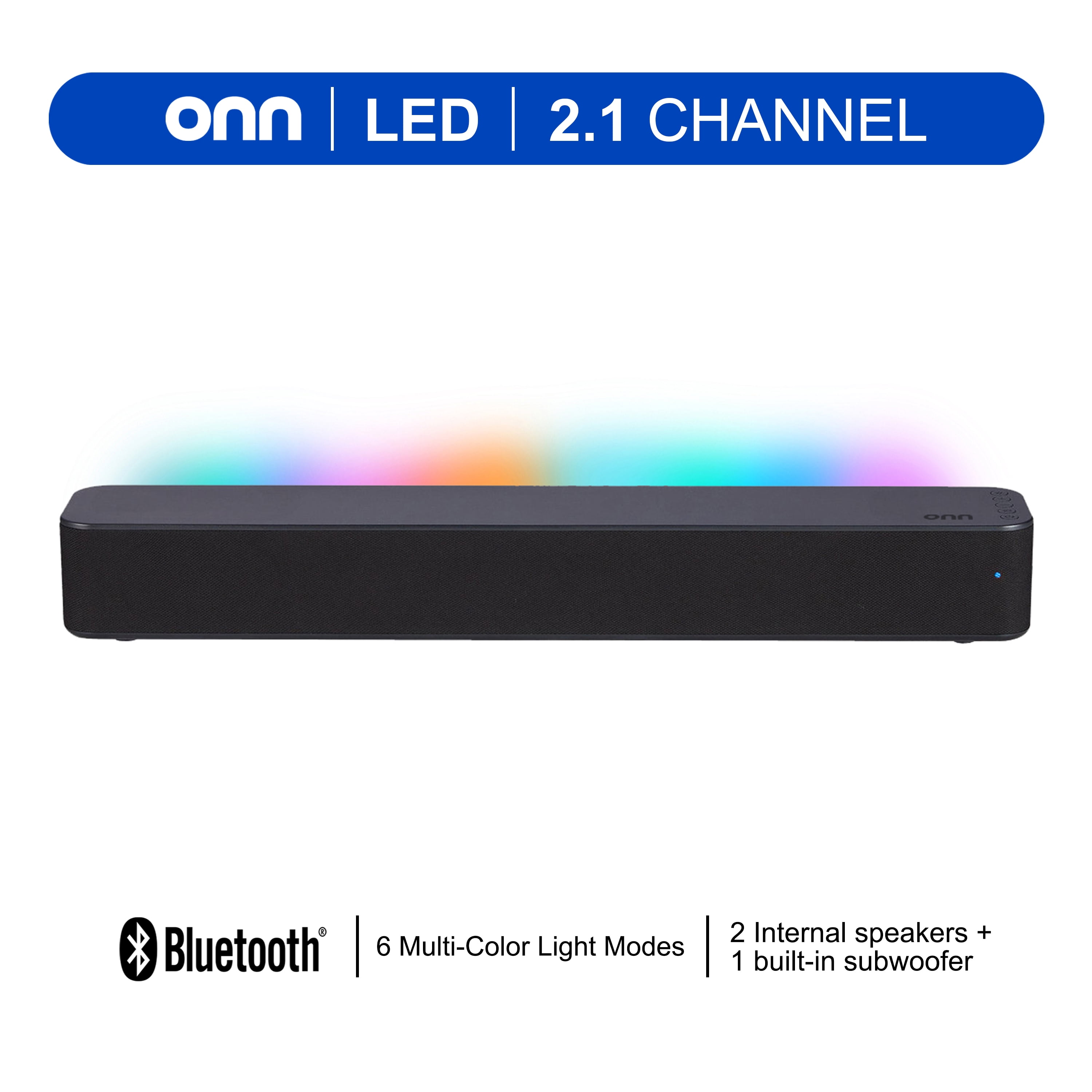 onn-20-LED-Soundbar-with-2-Internal-Speakers_0cf6260f-b42c-4f60-b2ab-75f395fa476c.23dc3e874b4f4a953993eda612c7fb08.jpeg onn 20 Inch Bluetooth 2.1 Channel Soundbar with Multi-Color LED Lighting, Black - Image 1
